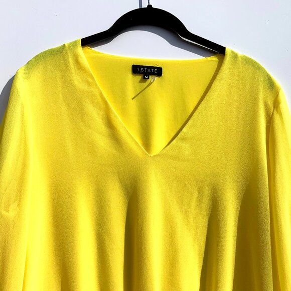 Women’s 1. STATE Yellow Long Sleeve V-Neck Blouse, Smocked Waist, Size M - Picture 3 of 8